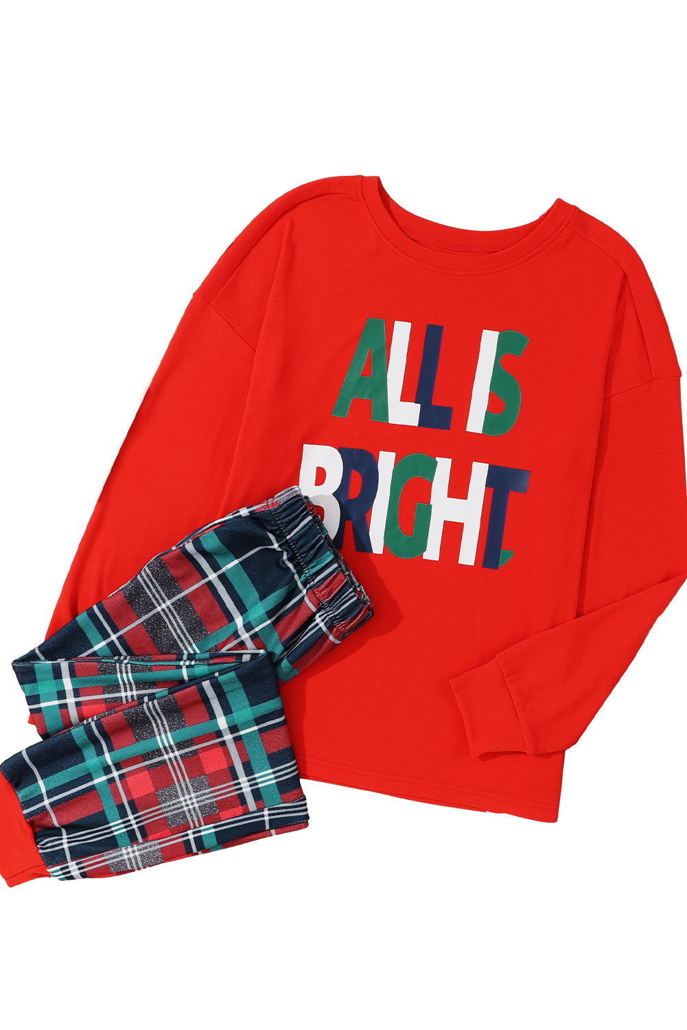 Multicolor ALL IS BRIGHT Graphic Christmas Plaid Pajamas Set