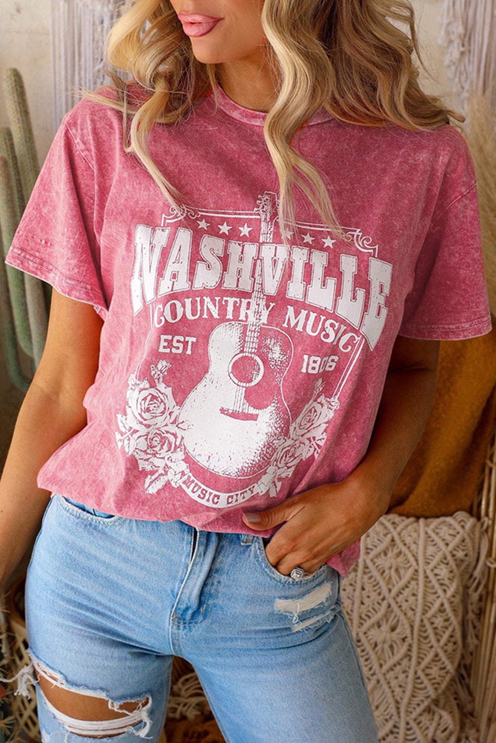 Fiery Red Nashville Music City Graphic Mineral Washed Tee
