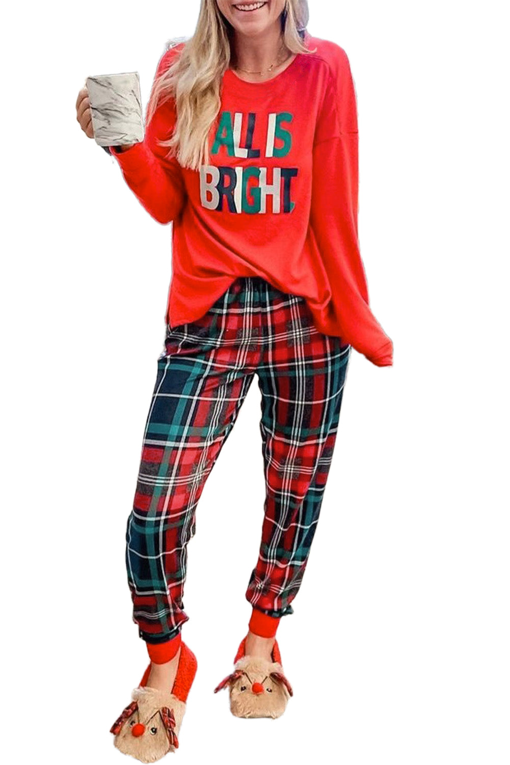 Multicolor ALL IS BRIGHT Graphic Christmas Plaid Pajamas Set