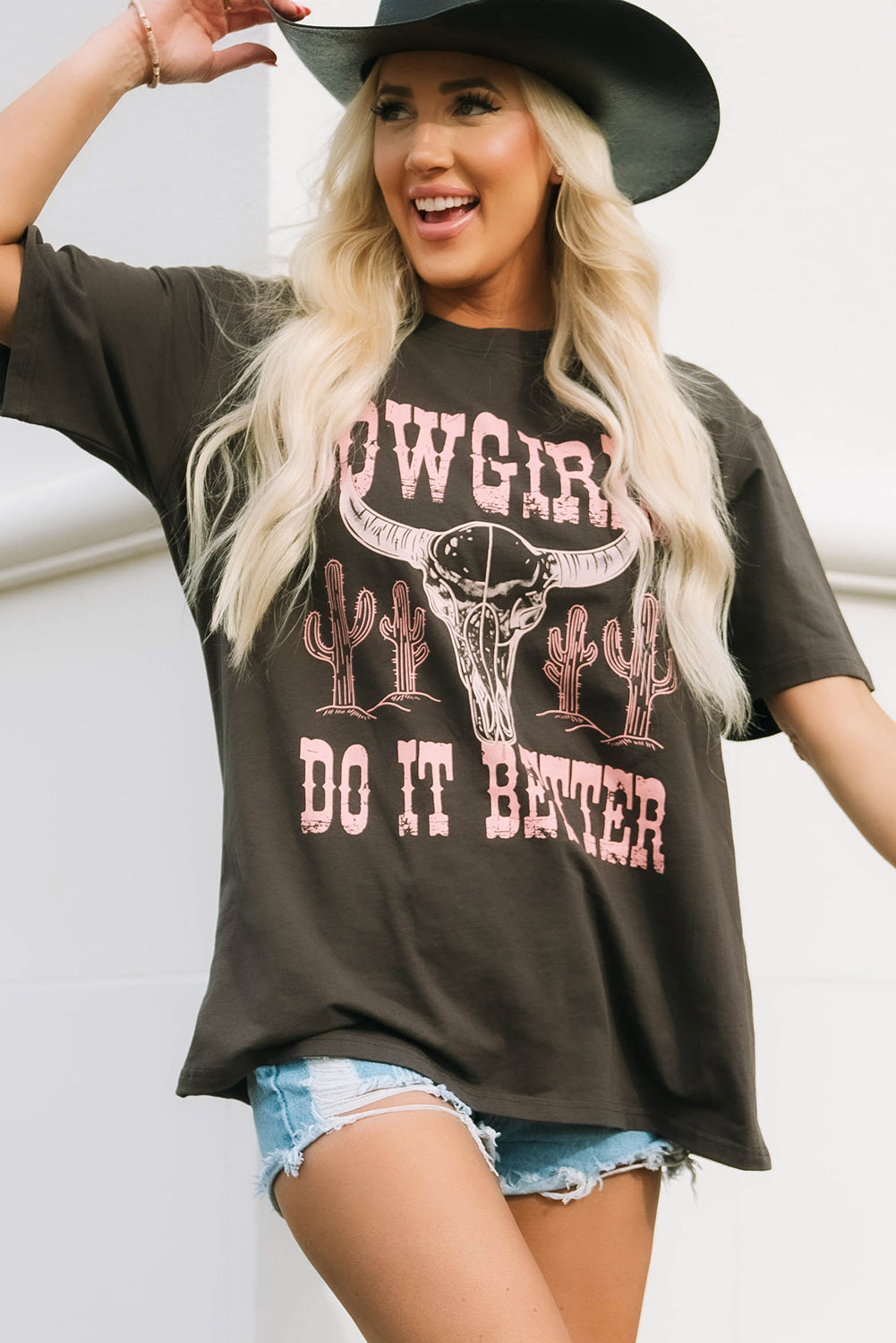 Gray COWGIRLS DO IT BETTER Graphic Print Oversized T Shirt