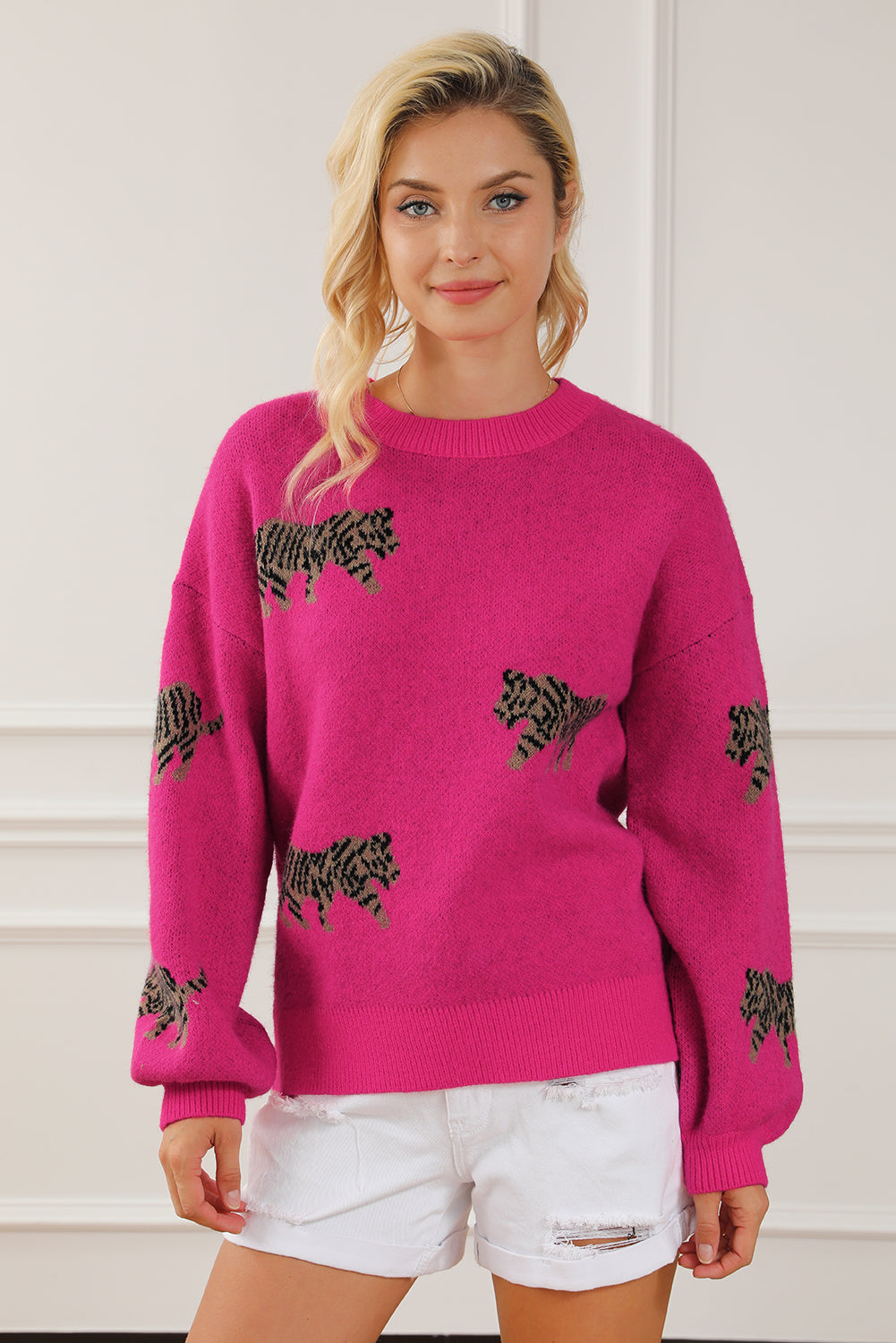 Rose Red Fierce Animal Pattern Casual Knitted Sweater