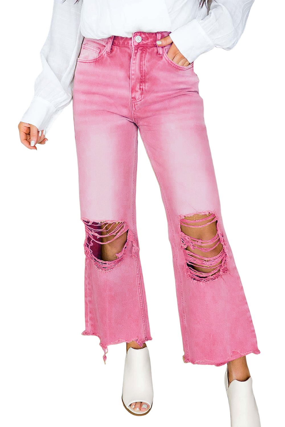 Peach Blossom Distressed Hollow-out High Waist Cropped Flare Jeans