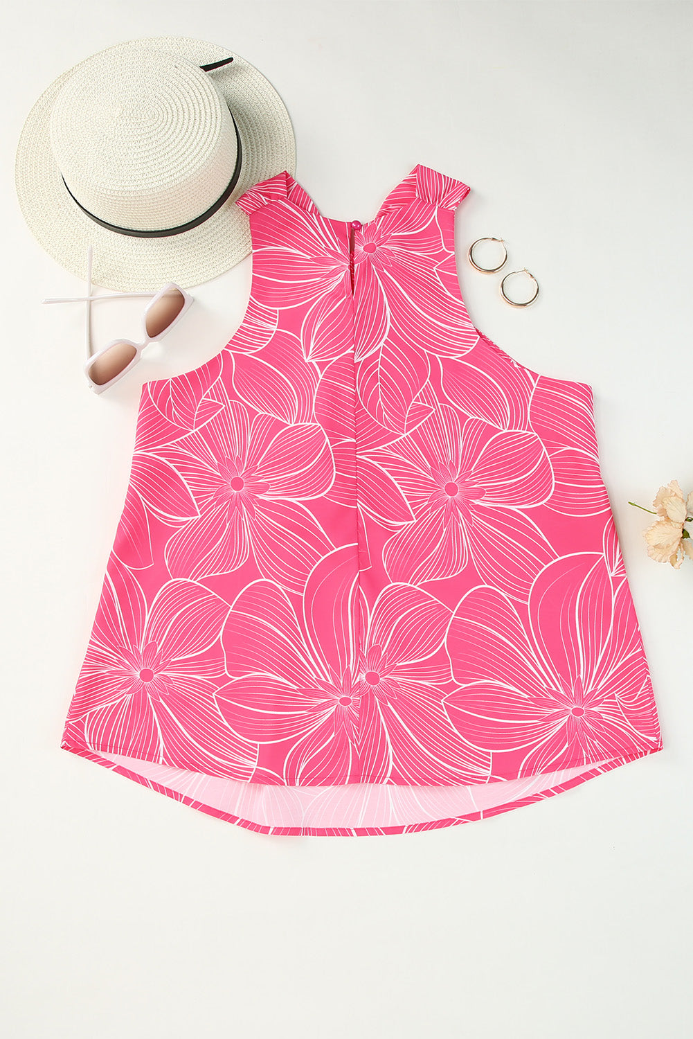 Pink Blooming Floral Printed Twisted Neck Tank Top