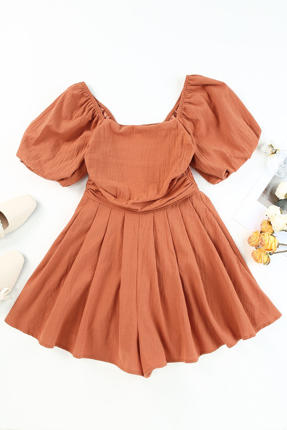 Brown Square Neck Ruched Puff Sleeve Romper