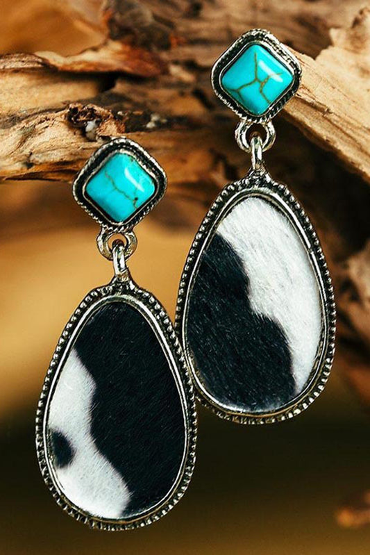 Black Cow Print Turquoise Drop Earrings