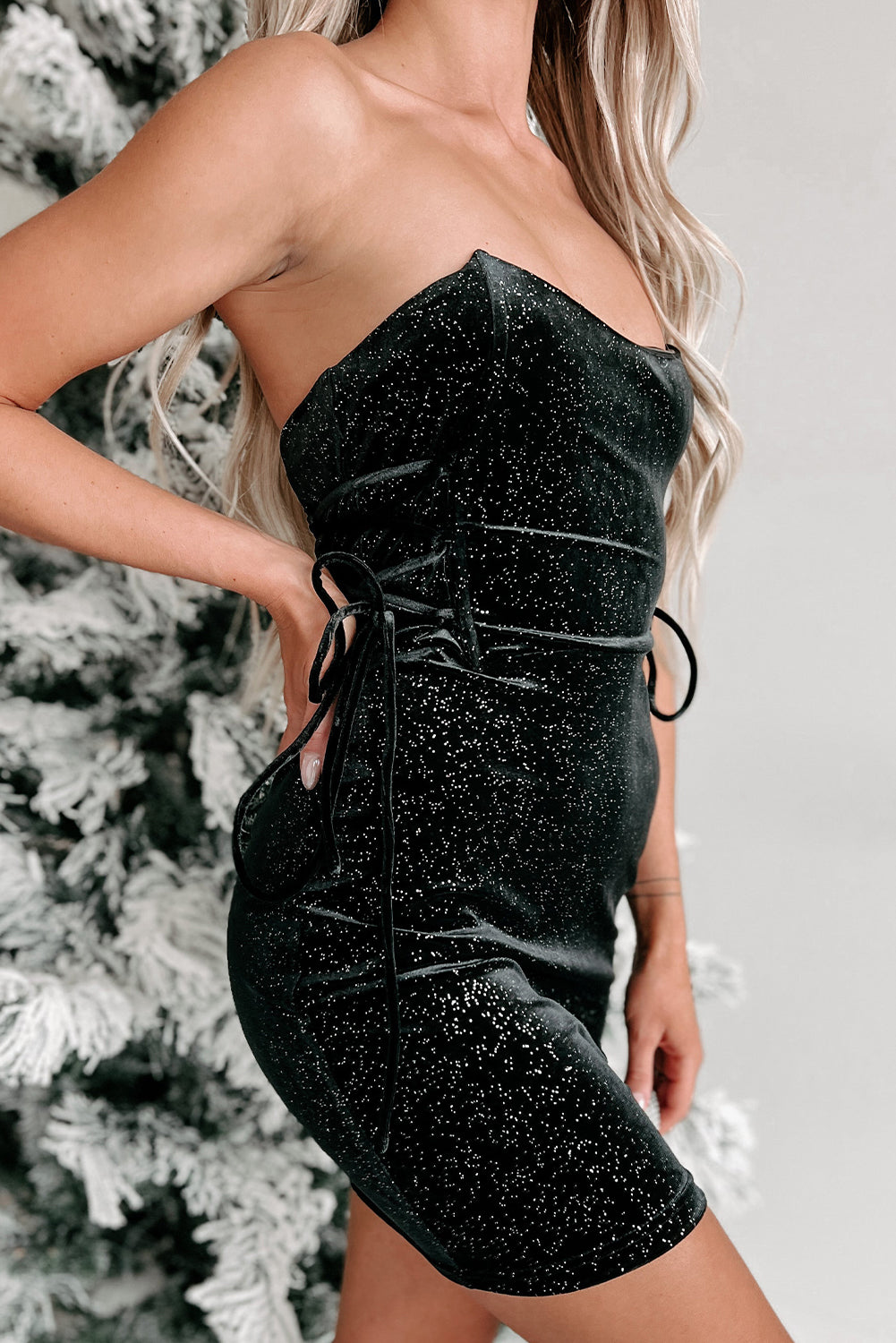 Black Velvet Sequin Lace-Up Tube Mini Dress