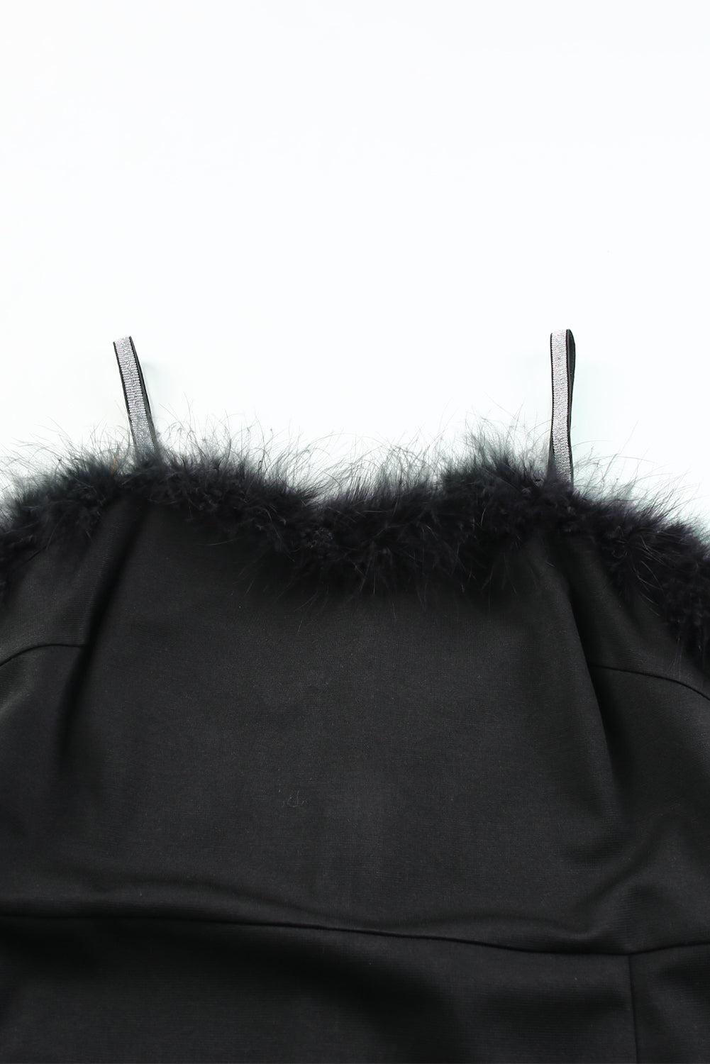 Black Rhinestone Straps Feather Trim Bodycon Midi Dress with Slit
