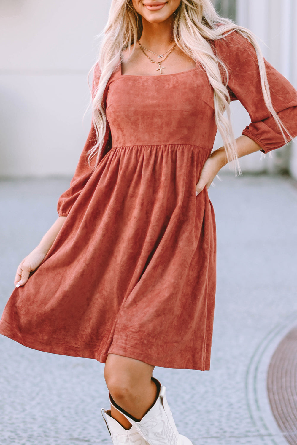 Brown Suede Square Neck Puff Sleeve Dress