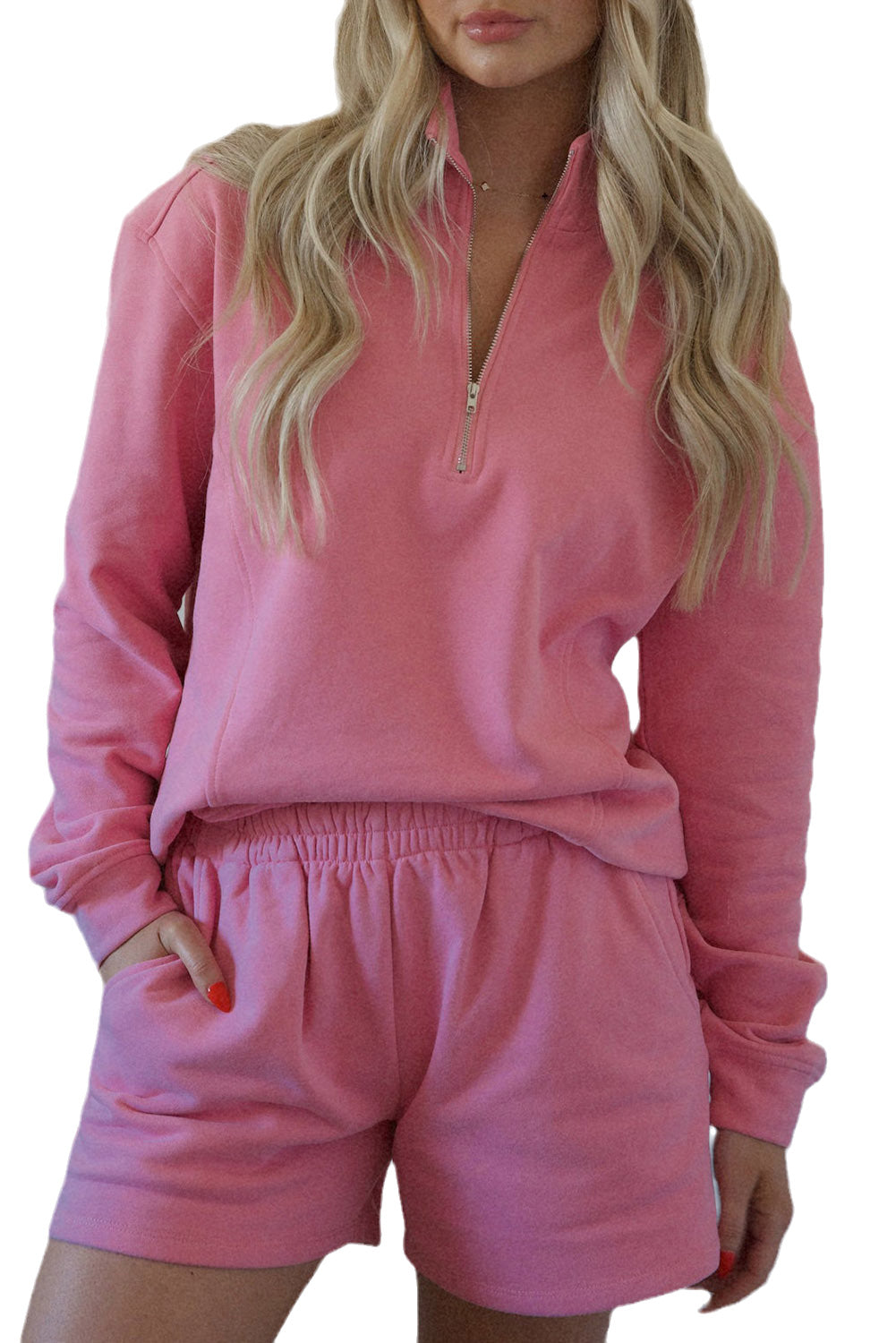 Bonbon Quarter Zip Long Sleeve Top and Shorts Outfit