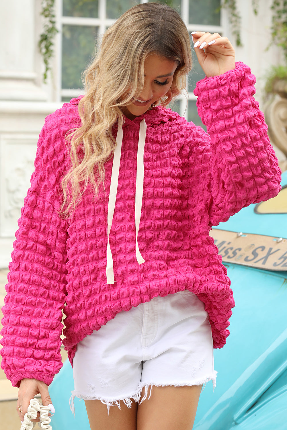 Rose Bubble Textured Waffle Hoodie