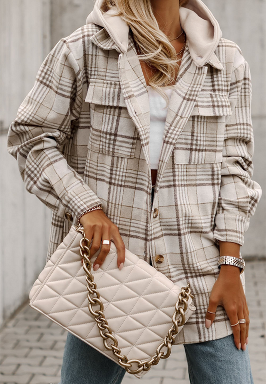 Plaid Removable Hood Button Up Shacket