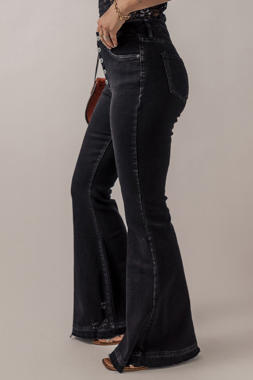 Black High Waist Button Front Flare Jeans