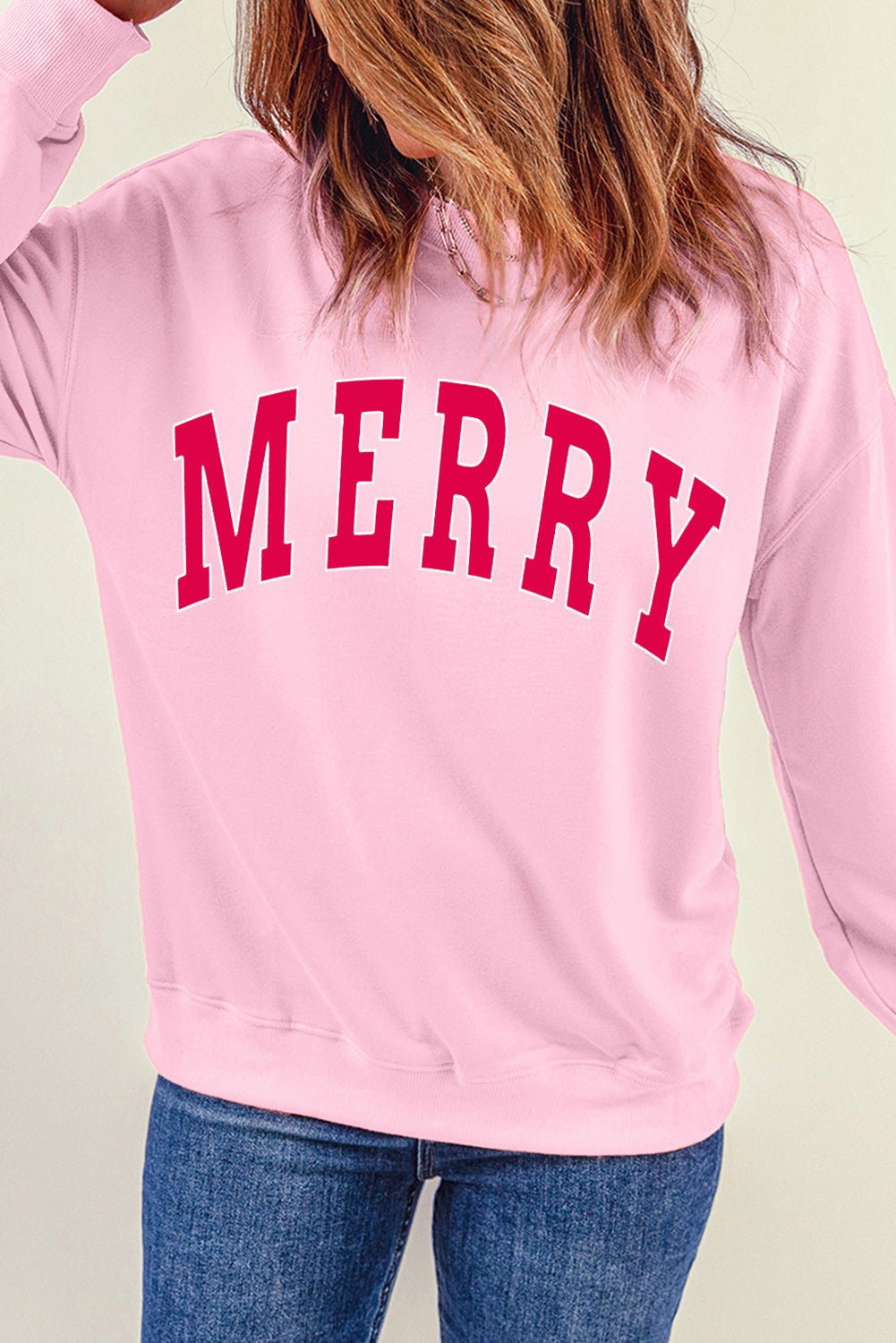 Pink MERRY Alphabet Print Loose Fit Christmas Sweatshirt