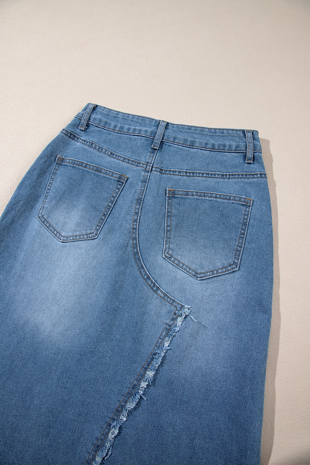 Light Blue Frayed Slit Asymmetric Denim Midi Skirt