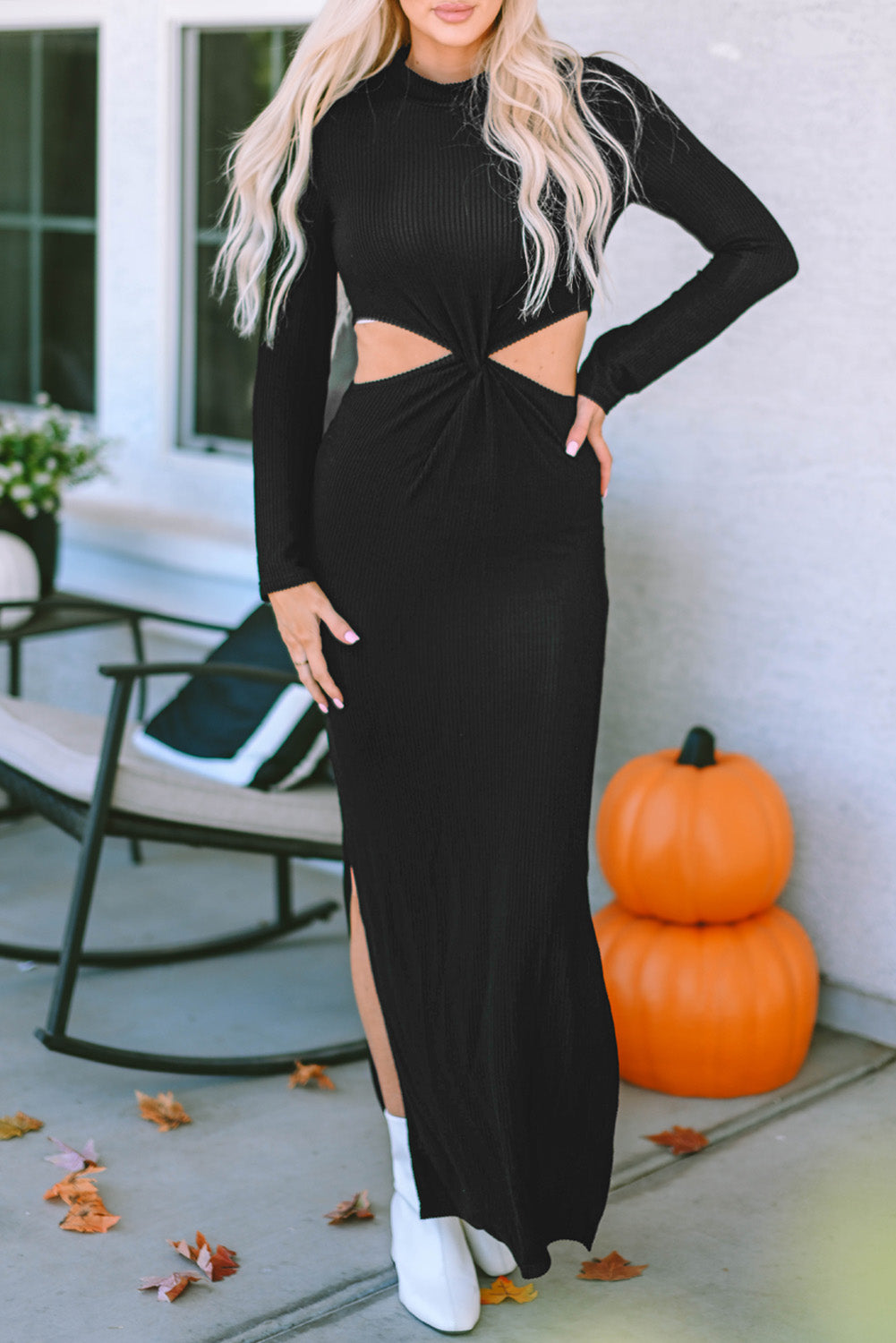 Black Ribbed Twist Cutout Long Sleeve Dress