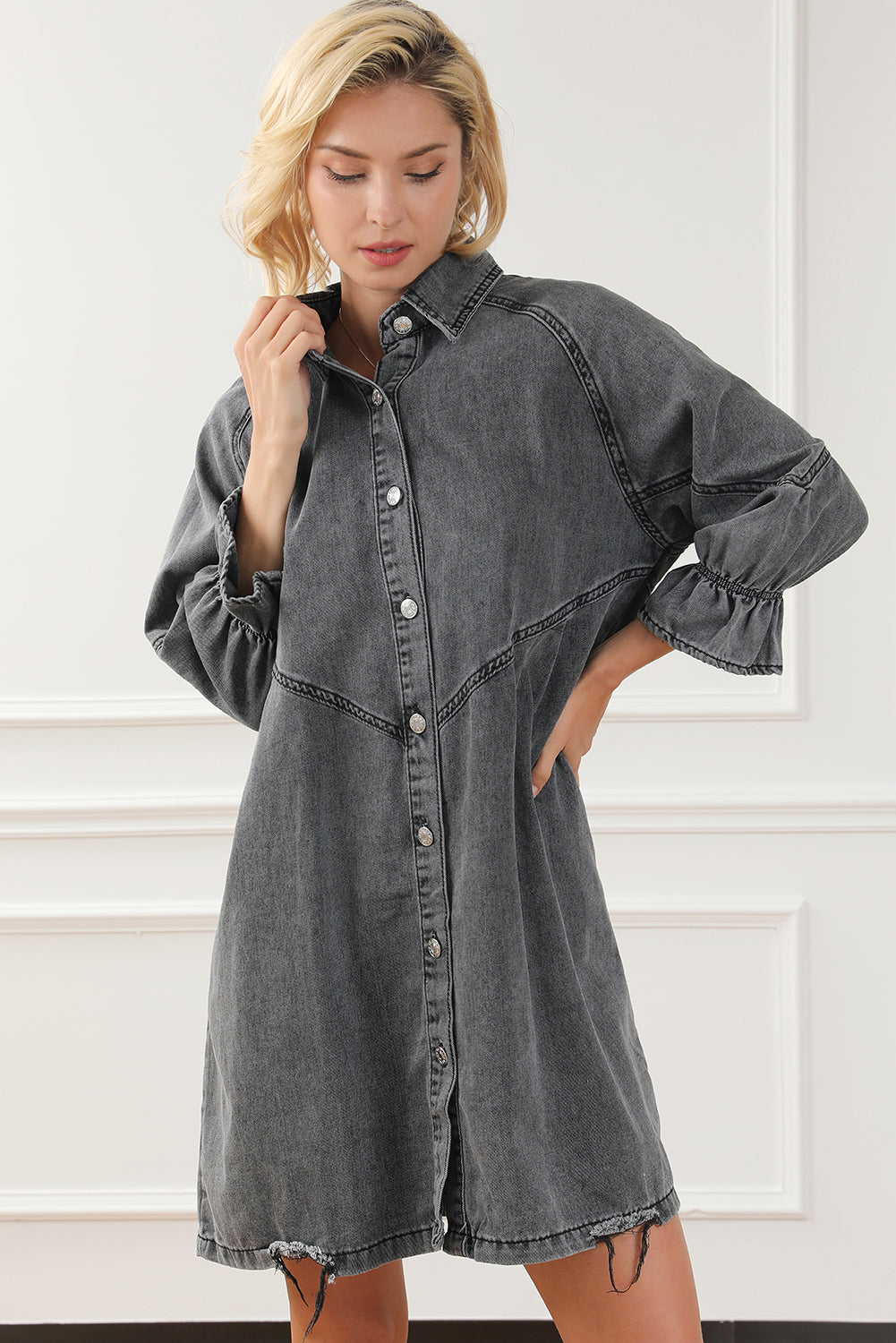 Gray Buttoned Long Sleeve Denim Mini Dress