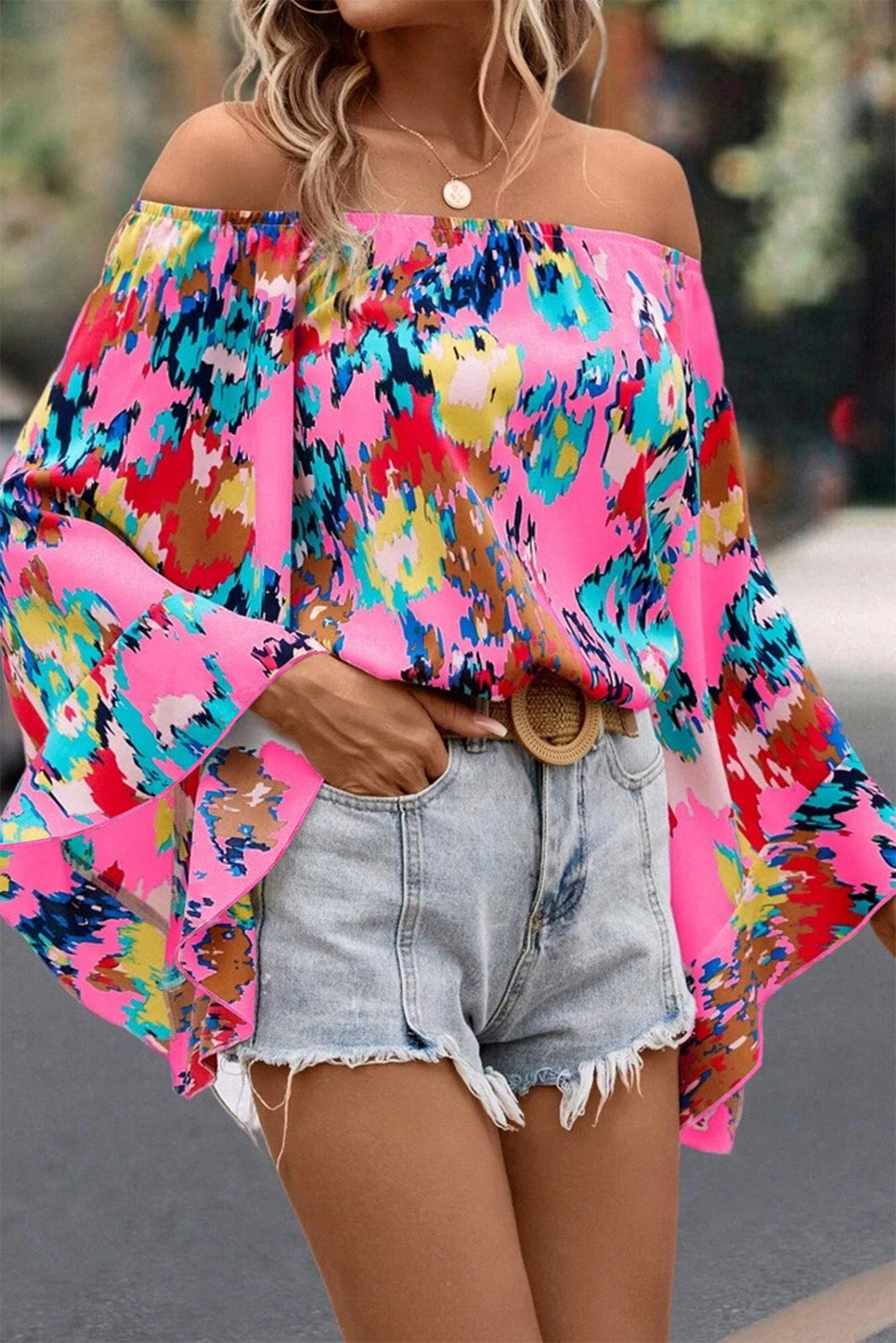 Rose Abstract Floral Print Off-shoulder Bell Sleeve Blouse