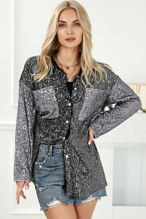 Sequin Button Up Collared Neck Shirt