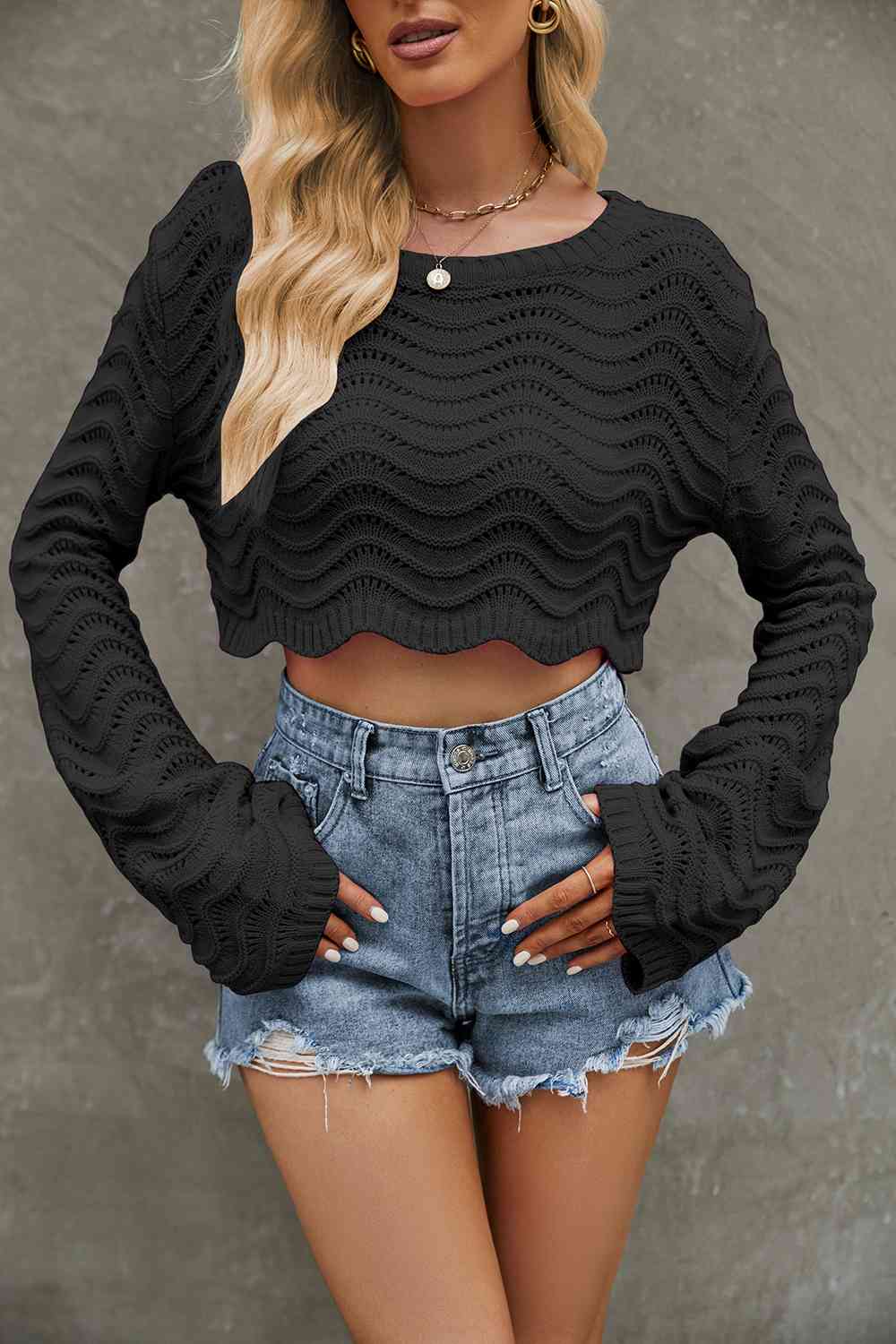 Round Neck Long Sleeve Cropped Sweater