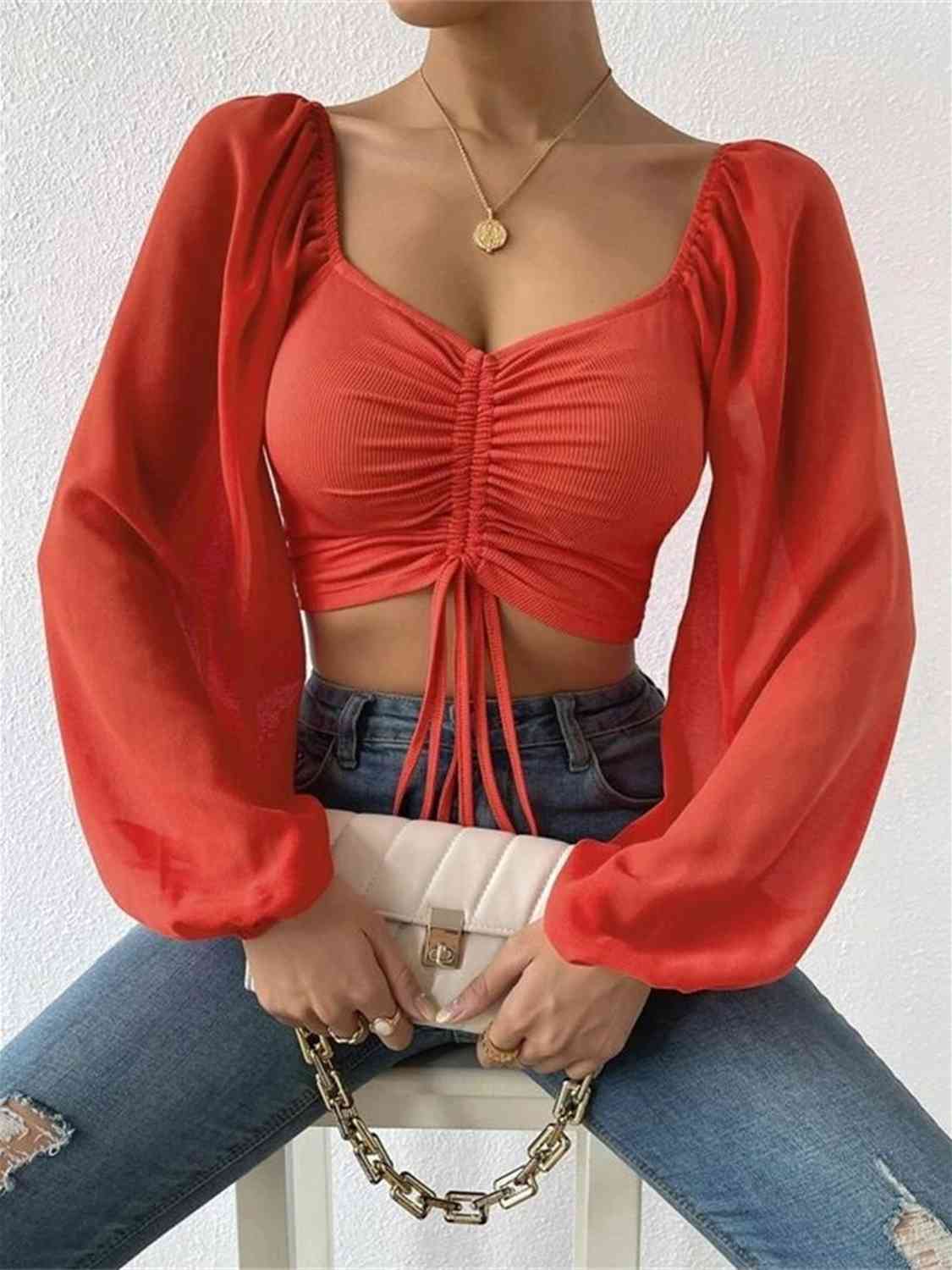 Drawstring Sweetheart Neck Cropped Top
