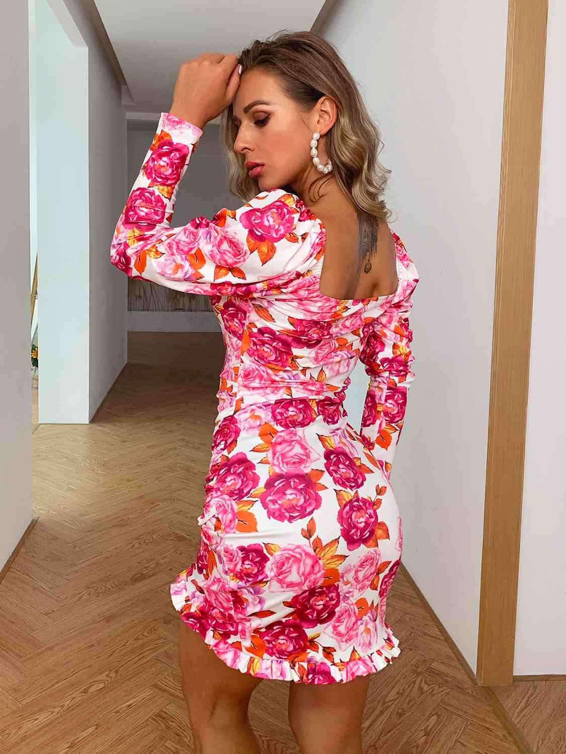 Floral Ruched Leg-Of-Mutton Sleeve Dress